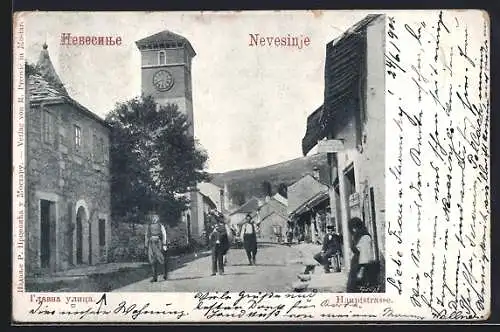 AK Nevesinje, Hauptstrasse mit Kirchturm