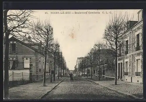 AK Noisy-le-Sec, Boulevard Gambetta et alignement des arbres en hiver