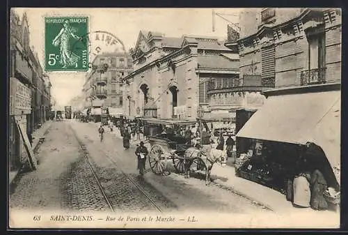 AK Saint-Denis, Rue de Paris et le Marché avec tramway et étals animés