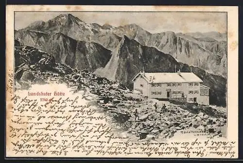 Künstler-AK Landshuter Hütte, Panorama mit den Bergen