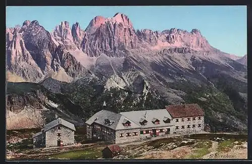 AK Schlernhäuser mit dem Rosengarten, Blick auf die Berghütten des Dt. u. Österr. Alpen-Vereins