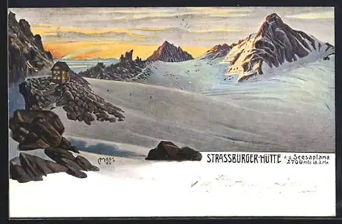 Künstler-AK Carl Moos: Strassburger Hütte, Berghütte an der Scesaplana