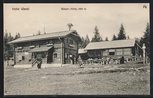 AK Eichert-Hütte an der Hohen Wand, Blick über die Wiese zu den Berghütten, Inh. Wilhelm Eichert