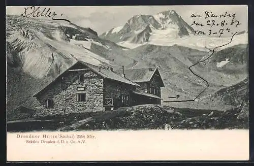 AK Dresdner Hütte, Blick auf Berghütte und Bergpanorama