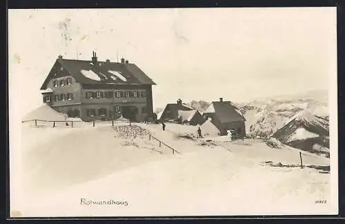 AK Rotwandhaus, Berghütte mit Panorama im Schnee