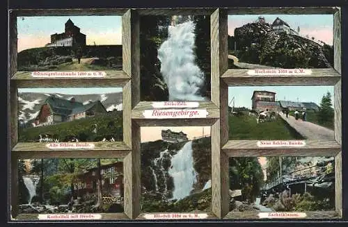 AK Elbfallbaude, Berghütte im Riesengebirge, Blick auf Elbefall, Zackelklamm, Kochelfall, Hochstein, Neue Schles. Baude