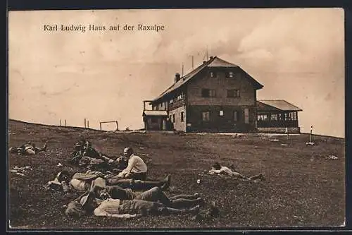 AK Karl Ludwig Haus /Raxalpe, Urlauber vor dem Schutzhaus