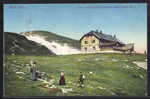 AK Karl Ludwig Schutzhaus /Rax, Urlauber vor dem Schutzhaus des Oe. T. K.