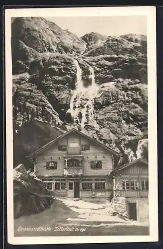 AK Grawand-Hütte /Zillertal, Berghütte von Wilhelm Steindl mit Wasserfall