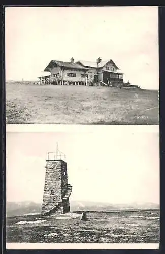 AK Rosegger-Alpenhaus auf der Pretul, Berghütte und Peter Bergner-Warte