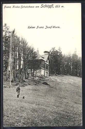 AK Franz-Krebs-Schutzhaus am Schöpfl, Jäger mit Hund an der Berghütte