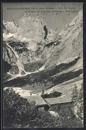 AK Höllenthalangerhütte, Ansicht mit Blick auf die Zugspitze, Riffelspitze und Riffelscharte