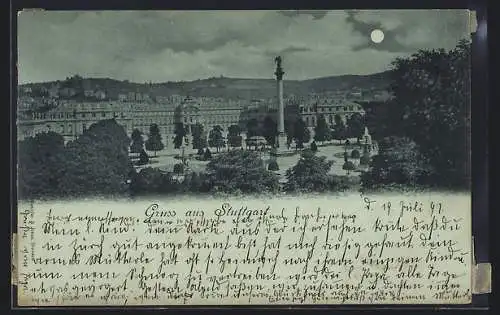 Mondschein-AK Stuttgart, Schloss mit Brunnen und Denkmal