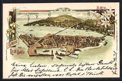 Lithographie Lindau / Bodensee, Inselpanorama aus der Vogelschau