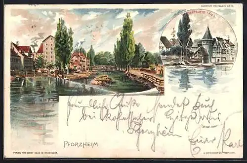 Lithographie Pforzheim, Brücke am Lindenplatz, Wasserturm