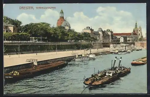 AK Dresden, Terrassenufer mit Dampfschiffen