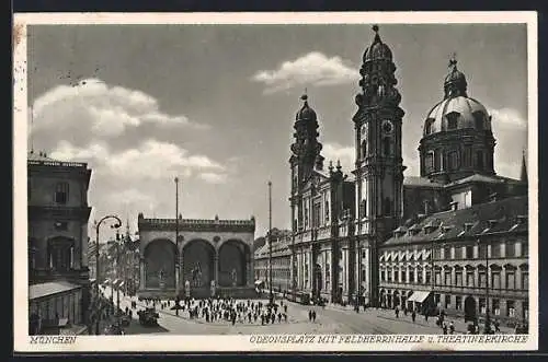 AK München, Odeonsplatz mit Feldherrnhalle u. Theatinerkirche, Strassenbahn