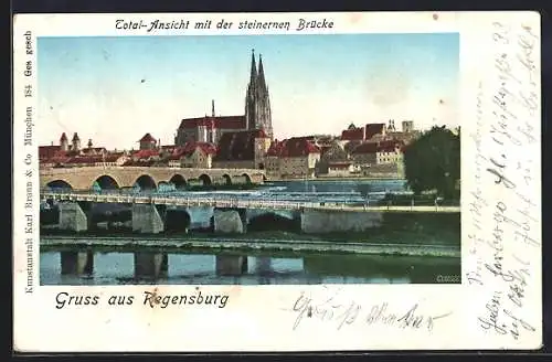 AK Regensburg, Panorama mit Steinerner Brücke