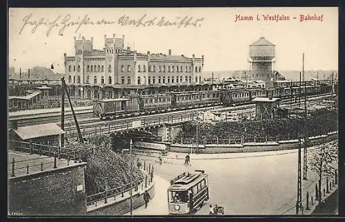 AK Hamm / Westfalen, Bahnhof, Ortspartie an der Bahntrasse mit Wasserturm, Strassenbahn