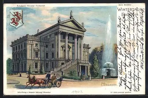 Künstler-Lithographie C. Steinmann: Winterthur, Pferdekutsche vor dem Stadthaus, Wappen