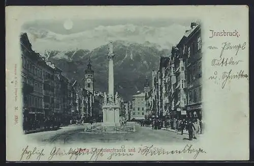 Mondschein-AK Innsbruck, Maria Theresienstrasse und Anna-Säule