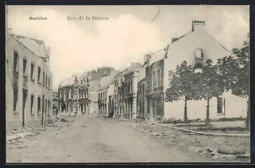 AK Battice, Rue de la Station, Trümmer zerstörter Häuser