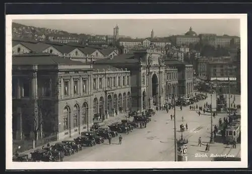 AK Zürich, Bahnhofplatz mit Strassenbahn