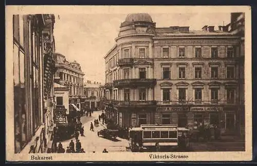 AK Bukarest, Viktoria-Strasse mit Strassenbahn