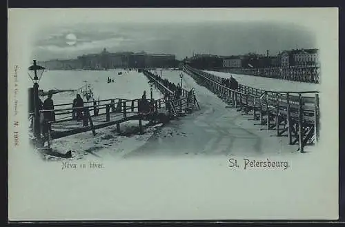 Mondschein-AK St. Petersbourg, Néva en hiver