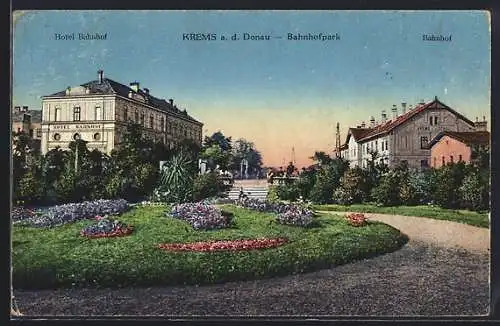 AK Krems a. d. Donau, Hotel Bahnhof u. Bahnhof im Bahnhofpark