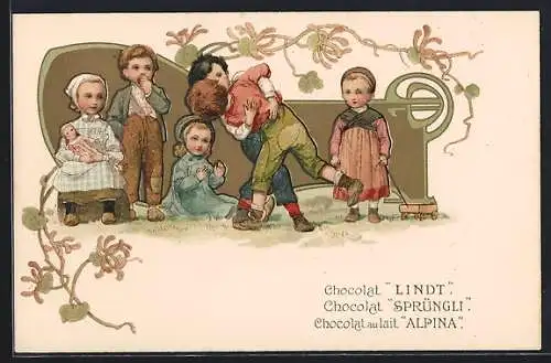 AK Chocolat Lindt, Sprüngli, Alpina, Reklame, spielende Kinder