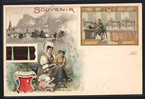 Lithographie Schwyz, Kakao Suchard, Dame in Tracht mit Kindern, Ortsansicht, Wappen