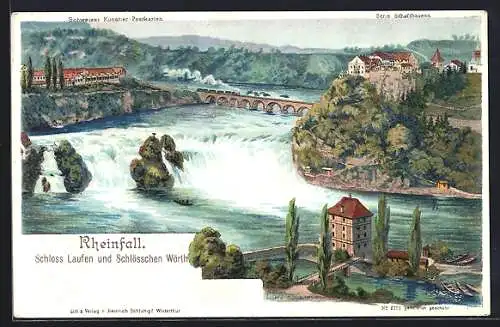 Künstler-Lithographie C. Steinmann: Schaffhausen, Reinfall mit Schloss Laufen und Schlösschen Wörth