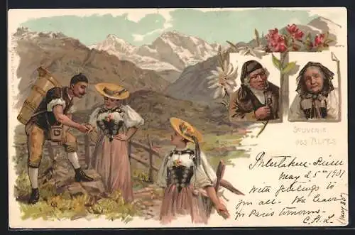 Lithographie Schweiz, Mädchen in Tracht in den Bergen