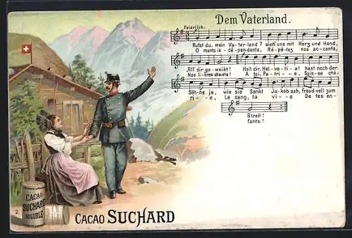 Lithographie Chocolat Suchard, Soldat in Uniform mit Frau und Lied: Dem Vaterland