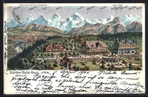 Lithographie Gurten-Kulm Bern, Totalansicht mit benannten Bergen im Hintergrund