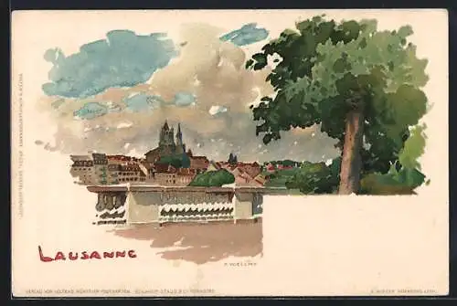 Künstler-Lithographie Fritz Voellmy: Lausanne, Blick zur Stadt