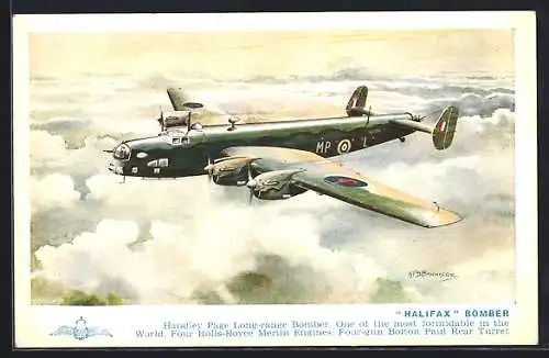 Künstler-AK A.F.D. Bannister: Halifax Bomber, RAF-Kampfflugzeug