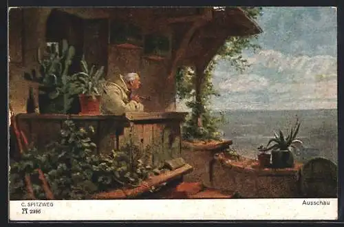 Künstler-AK Carl Spitzweg: Ausschau, Mönch