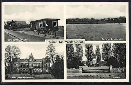 AK Etelsen, Ehrenmal, Schloss und Partie an der alten Aller