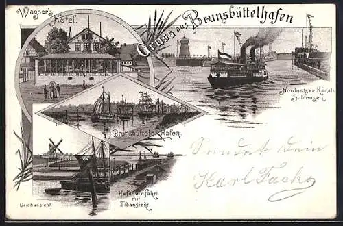 Lithographie Brunsbüttel, Brunsbütteler Hafen, Hotel, Deichansicht