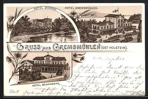 Lithographie Gremsmühlen /Ost Holstein, Hotel Gremsmühlen, Hotel Dicksee, Hotel Brahmberg