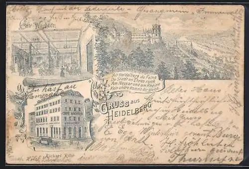 Lithographie Heidelberg, Cafe Wachter, Innenansicht, Teilansicht mit Burg