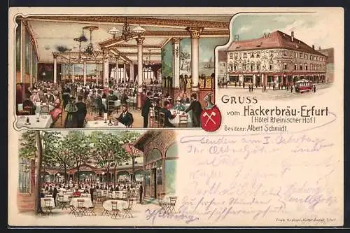 Lithographie Erfurt, Hotel Rheinischer Hof von innen und aussen, Hackerbräu