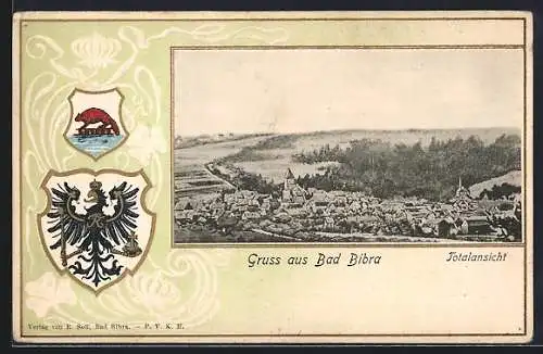 Passepartout-Lithographie Bad Bibra, Totalansicht mit Kirche, Wappen