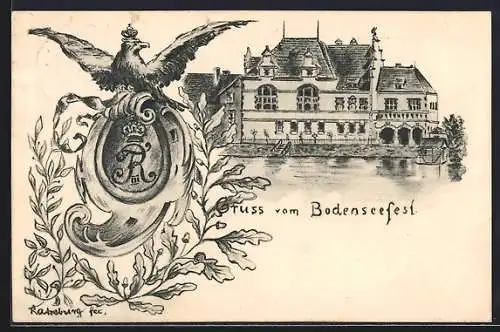 Künstler-AK Konstanz, Bodenseefest, Uferpartie, Adler mit Wappen