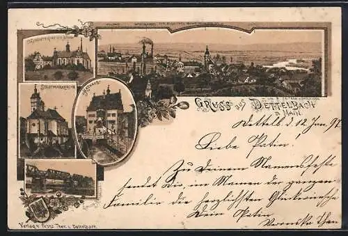 Lithographie Dettelbach am Main, Rathaus, Stadtpfarrkirche, Ludwigs-Mainbrücke