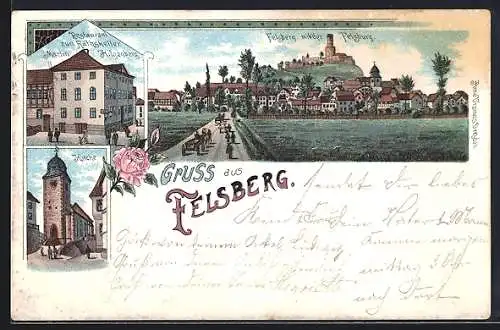 Lithographie Felsberg / Kassel, Restaurant zum Ratskeller, Felsberg mit der Felsburg, Kirche