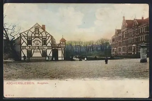 AK Aschersleben, Burgplatz mit Restaurant-Café Rudolf Beyse und Litfasssäule