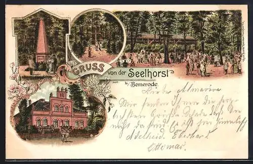 Lithographie Bemerode, Gasthaus Seelhorst, Garten, Denkmal